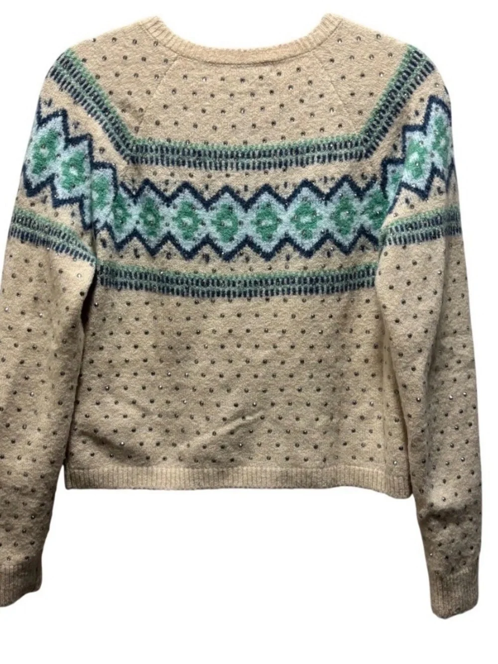 Crystal-embellished Fair Isle cardigan sweater in Supersoft yarn